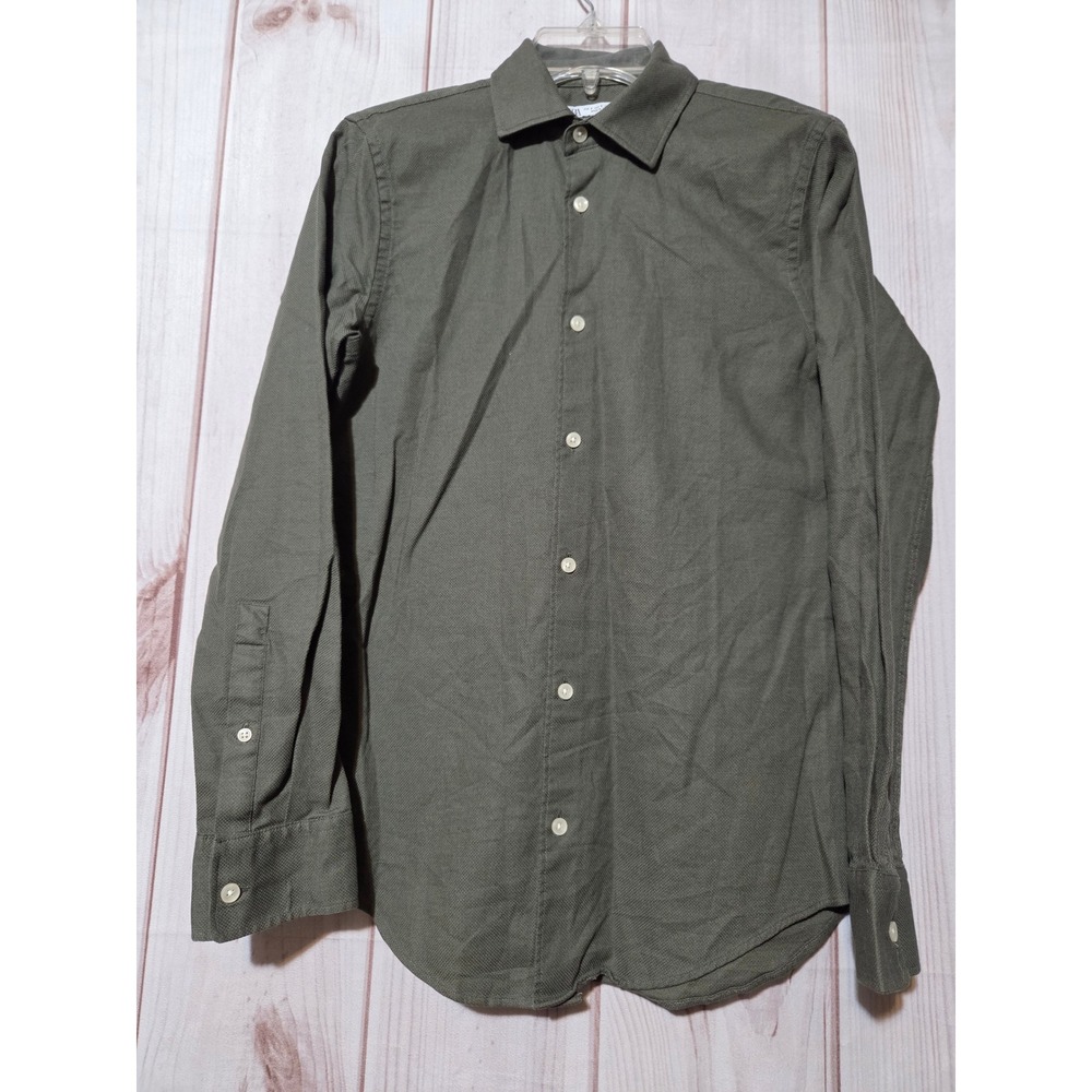Zara Man Slim Fit Button Down Shirt Mens Small Olive Green Textured Long Sleeve